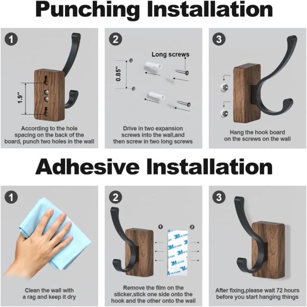 competitive pricing 4 pcs black walnut wood wall hooks adhesive mounted & wall mounted rustic decorative entryway hooks mid century modern natural wooden pegs for hanging coat clothes hat bag purse and towel one-stop wholesale