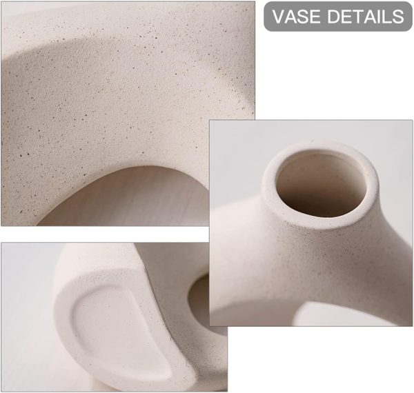 oem/odm services off white hollow ceramic vase set of 2, round modern vase for nordic minimalist book style shelf decor, donut boho aesthetic vases for trendy home living room entryway coffee table decorative affordable bulk deals