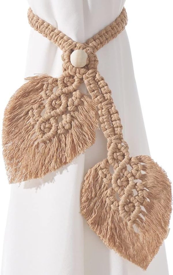 bulk purchase 2 pack boho curtain tiebacks,hand knitting cotton curtain holdbacks with adjustable natural wooden bead,double leaves farmhouse theme curtain tie backs, for indoor outdoor drapes decorative,(apricot) factory discount