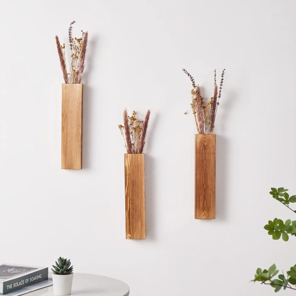 bulk purchase 3 pack wall planters for indoor plants, wood wall decor for bathroom, bedroom living room, modern farmhouse wooden pocket wall vases for dried flowers and faux greenery plants (brown) trade price