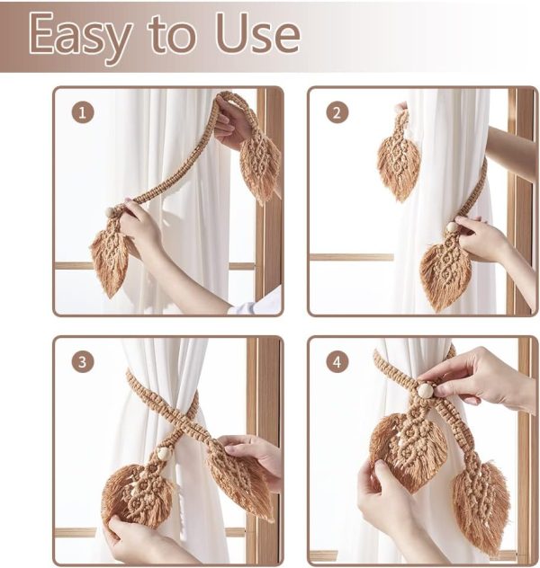 bulk purchase 2 pack boho curtain tiebacks,hand knitting cotton curtain holdbacks with adjustable natural wooden bead,double leaves farmhouse theme curtain tie backs, for indoor outdoor drapes decorative,(apricot) factory discount