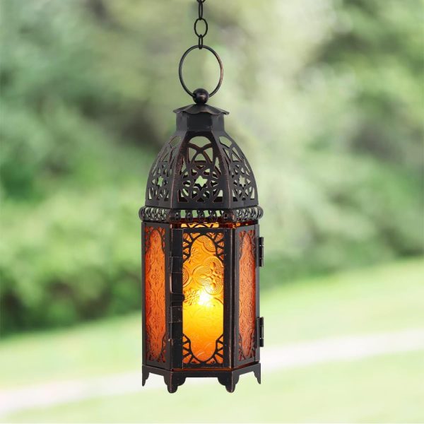 custom wholesale needomo moroccan lanterns decorative indoor & outdoor, hanging candle lantern, 11'' vintage candle holder, metal lanterns decorative, table, patio, porch, shelf, ramadan decorations (amber) oem/odm services