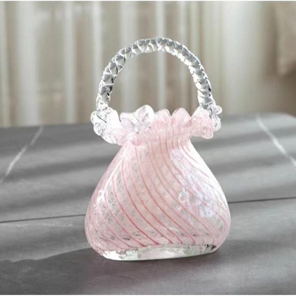 oem/odm services purse vase for flowers (handmade), glass bag vase, handbag shape flower vase, blown pink flower vase for basket, unique flower vase with handles, decorative for home decor, wedding affordable bulk deals