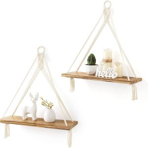 bulk purchase mkono macrame hanging shelves boho wall decor set of 2 rustic wood floating storage shelf for bedroom bathroom living room nursery dorm room, display shelving for hanging plants photos trade price