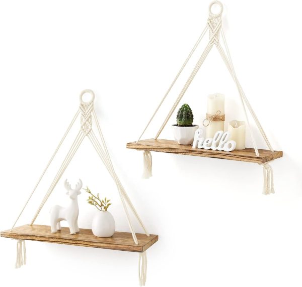 bulk purchase mkono macrame hanging shelves boho wall decor set of 2 rustic wood floating storage shelf for bedroom bathroom living room nursery dorm room, display shelving for hanging plants photos trade price