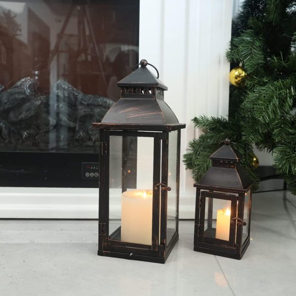 custom wholesale needomo lanterns decorative outdoor&indoor, set of 2 large bronze metal lantern decor with glass, candle holder for porch, patio, garden, balcony, wedding, table centerpiece decorations oem/odm services