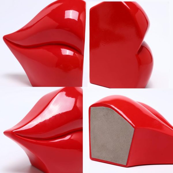 supplier direct red lips decorated bookends，set of 2 heavy decorative book stoppers，unique resin decoration，creative desktop red decor for study room hotel office shelves wholesale prices