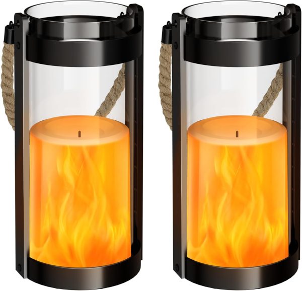 custom wholesale vintage lantern glass retro lantern led flickering flameless candle battery powered camping lamp hemp rope hanging lanterns non-solar light 2 pack oem/odm services