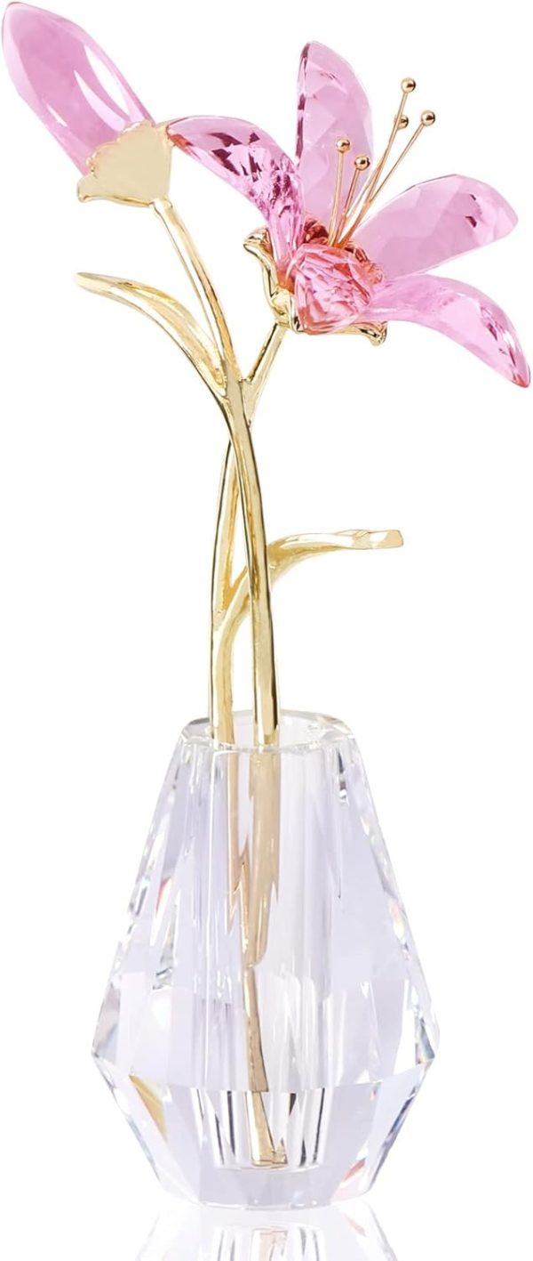 oem/odm services ywhl crystal lily flower figurine with vase, handmade pink lily flower gifts for woman, wedding gifts for couple, home party decorations (pink lily) affordable bulk deals