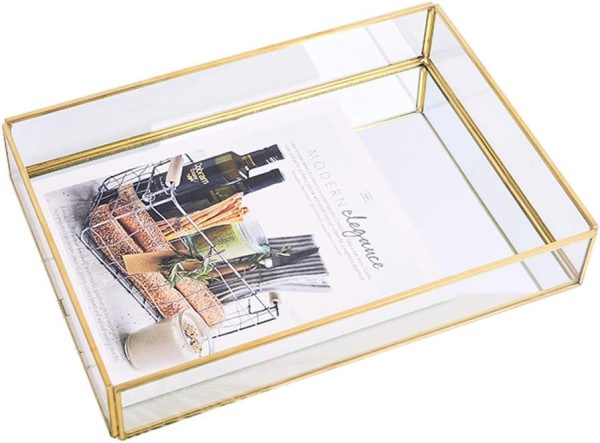 wholesale direct sooyee rectangle mirror decorative tray, gold can hold perfume, jewelry, cosmetics, makeup, magazine and more, for vanity,dresser,bathroom,bedroom(12”x8”) bulk purchase at factory prices