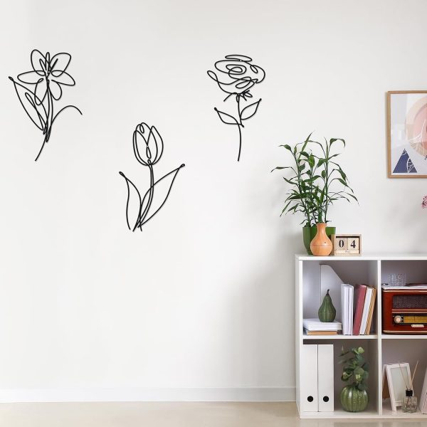 factory direct ferraycle 3 set of metal flower wall decor 9.84 x 5.91 inch mother's day metal wall ornament art black minimalist wire signs for bedroom patio balcony bathroom office restaurant shop presents gifts volume discount
