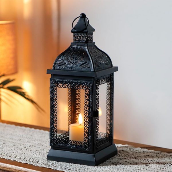 custom wholesale trirocks rustic style metal candle lantern 13'' high decorative outdoor lantern candle holder with tempered glass for christmas living room garden patio parties indoors outdoors (black) oem/odm services