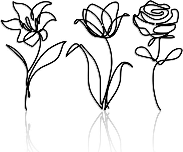 factory direct oubasa black metal flowers wall decor for bathroom, cute floral wall sculptures minimalist wall art for kitchen bedroom living room restroom decoration, 6x10 inches, set of 3 volume discount