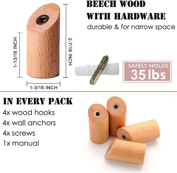 competitive pricing wood wall hooks, 4 pack coat hooks mounted rustic wooden heavy duty robe hook hat rack | for hanging bathroom towels clothes hanger (beech wood) one-stop wholesale
