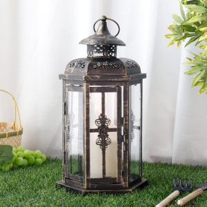 custom wholesale jhy design medium decorative lanterns 12“h outdoor candle lanterns vintage metal candle holder for indoor outdoor, events, parities and weddings(black with gold brush) oem/odm services