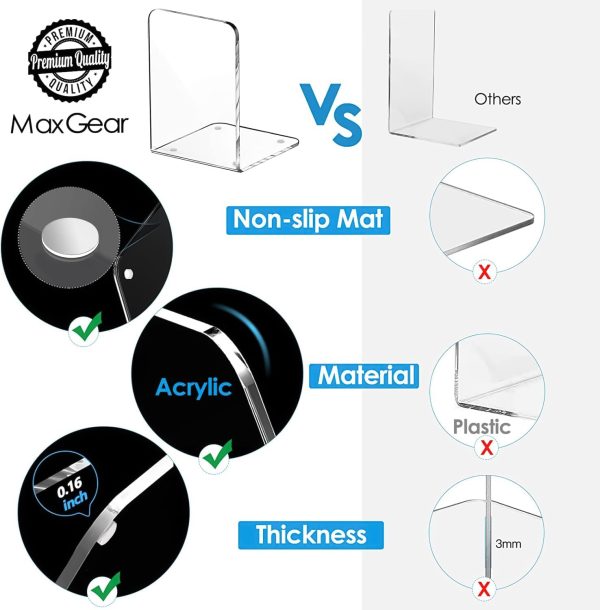 supplier direct maxgear bookends acrylic book ends clear book ends for shelves decorative bookends for shelves non-skid book end heavy duty bookend book holders for shelves book stoppers (2 pair/4 pieces, large) wholesale prices