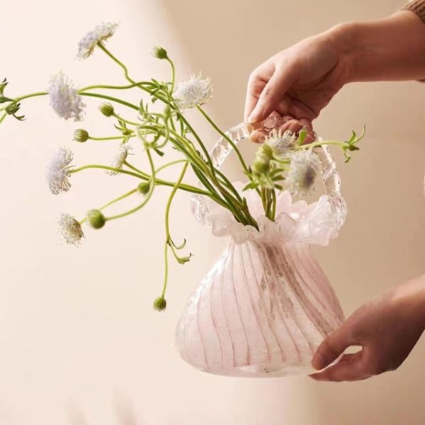 oem/odm services purse vase for flowers (handmade), glass bag vase, handbag shape flower vase, blown pink flower vase for basket, unique flower vase with handles, decorative for home decor, wedding affordable bulk deals