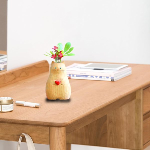 oem/odm services cat vase handmade wooden vase, home decor small vases,solid wood cat statue holding heart shaped,modern creative cat decor affordable bulk deals