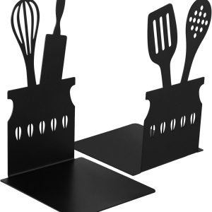 supplier direct black kitchen bookends 5.9 x 3.9 x 3.9 inch spoon decorative cookbook metal book ends with non-slip mat metal cookbook storage books stoppers metal kitchen cookbook holder for shelves kitchen book wholesale prices