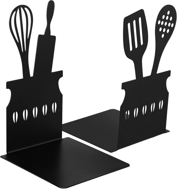 supplier direct black kitchen bookends 5.9 x 3.9 x 3.9 inch spoon decorative cookbook metal book ends with non-slip mat metal cookbook storage books stoppers metal kitchen cookbook holder for shelves kitchen book wholesale prices