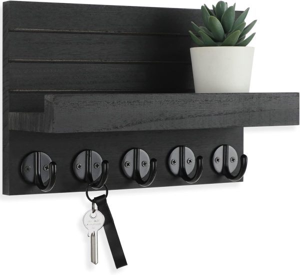 bulk purchase key holder for wall, decorative key and mail holder with shelf has large hooks for bags, coats, umbrella – paulownia wood key hanger with mounting hardware (9.8”w x 6.7”h x 4.2”d) trade price