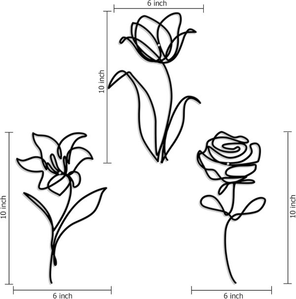 factory direct oubasa black metal flowers wall decor for bathroom, cute floral wall sculptures minimalist wall art for kitchen bedroom living room restroom decoration, 6x10 inches, set of 3 volume discount