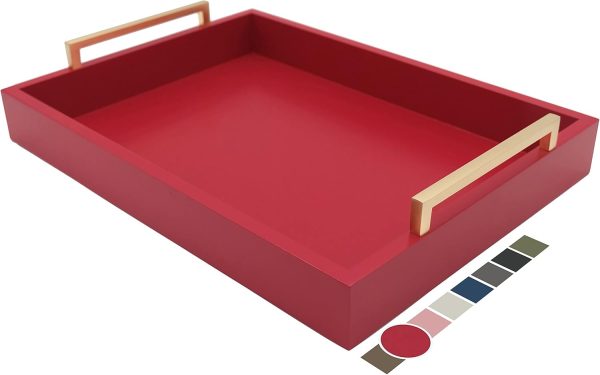 wholesale direct decorative coffee table tray - ottoman tray - breakfast, drinks, liquor serving tray - from farmhouse to modern - matte finish - champagne gold handles - crimson red bulk purchase at factory prices