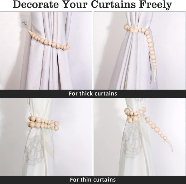 bulk purchase hion 2 pcs boho curtain tiebacks,wood beads curtain holdbacks,outdoor farmhouse tie backs for curtains,curtain holders for drapes home office decor with hooks no drilling(wood color) factory discount