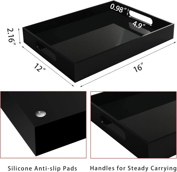 wholesale direct tasybox black serving tray, acrylic decorative serving trays with handles for kitchen dining room table ottoman vanity countertop 16" x 12" bulk purchase at factory prices