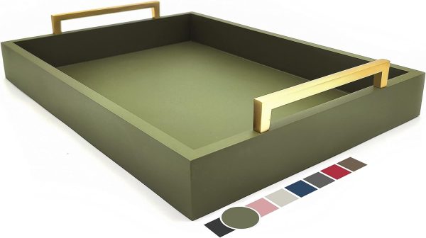 wholesale direct decorative coffee table tray - ottoman tray - breakfast, drinks, liquor serving platter - from farmhouse to modern - matte finish - champagne gold handles - loden green bulk purchase at factory prices