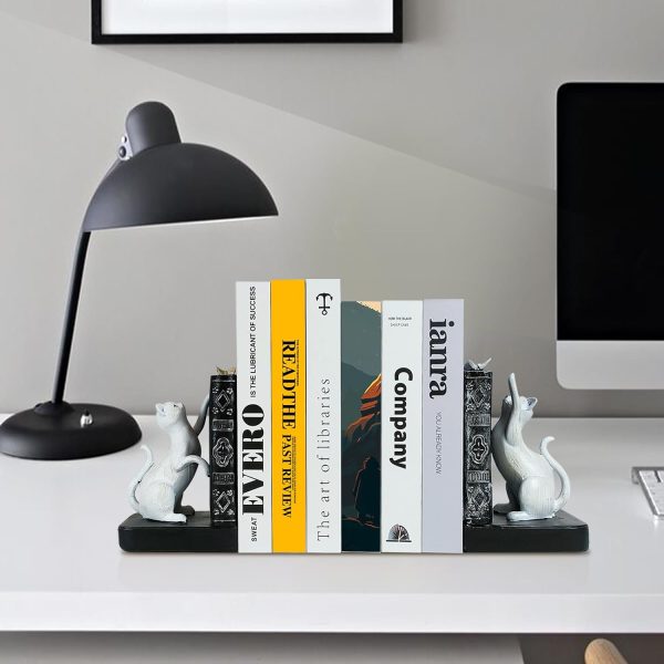supplier direct liffy decorative bookends, heavy duty resin cat bookends, non-skid bookshelf stopper, cute cat figures for shelves, study, office desk (white, 1 piece) wholesale prices