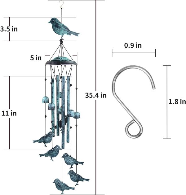 producer to buyer monsiter qe bird wind chimes for outside, outdoors with 4 large aluminum tubes & s hook - clearance hanging decor for garden, patio, backyard or porch discounted pricing
