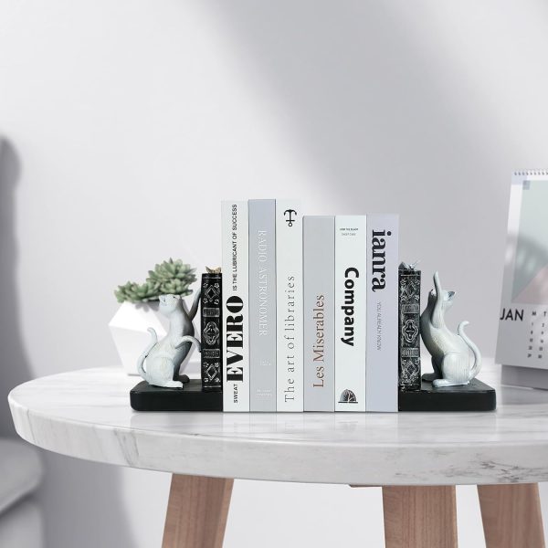 supplier direct liffy decorative bookends, heavy duty resin cat bookends, non-skid bookshelf stopper, cute cat figures for shelves, study, office desk (white, 1 piece) wholesale prices