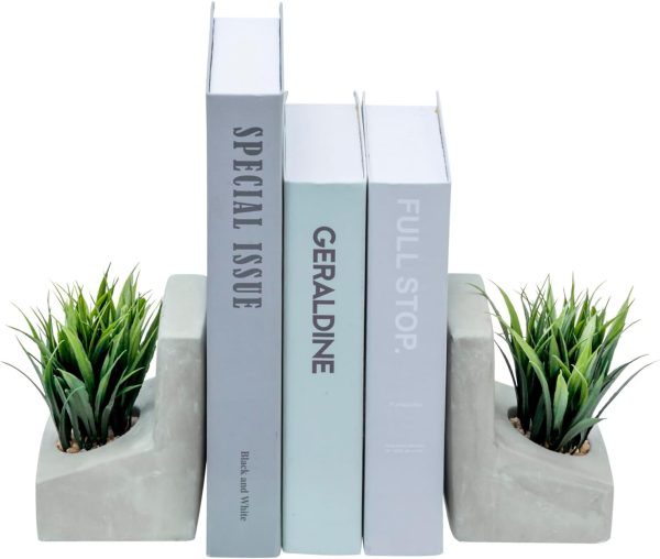 supplier direct mygift modern gray concrete l-shaped bookends for heavy books with artificial green grass plants, decorative heavy duty book stands for office desktop or bookshelf, 1 pair wholesale prices