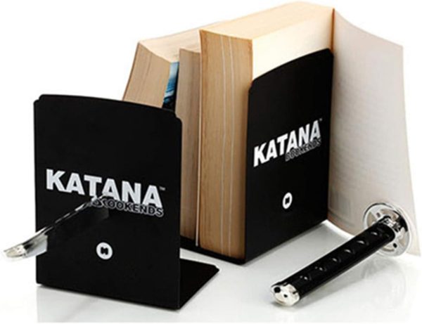 supplier direct book ends decorative, modern metal funny unique black dvd bookends for shelves, katana book stopper holder for office home, desk gifts book stands for men and book lovers wholesale prices