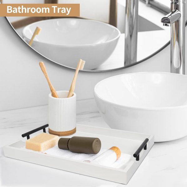 wholesale direct coffee table tray - large ottoman tray for living room - wood serving tray with handles(2 sets) - wooden tray for coffee table, 4 round coasters included, white bulk purchase at factory prices