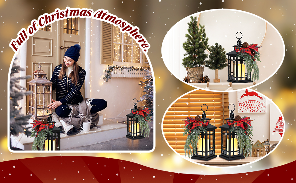 custom wholesale 2 pcs christmas decorative lanterns black metal christmas party hanging candle lantern vintage flameless decorative lanterns with led lights for indoor outdoor christmas home table porch party decor oem/odm services