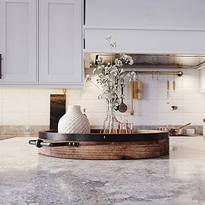 wholesale direct round coffee table tray - 13'' farmhouse wood serving tray with metal handles - round decorative tray for coffee table - round ottoman tray decor - wooden circle tray for kitchen counter bulk purchase at factory prices