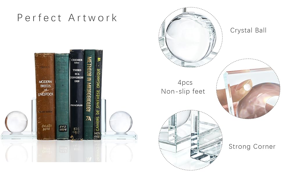 supplier direct 1 pair crystal bookends with crystal ball decorative ornaments,l shape non-skid sturdy book ends for heavy books,book holder stopper for shelf office home (4inch,clear) wholesale prices