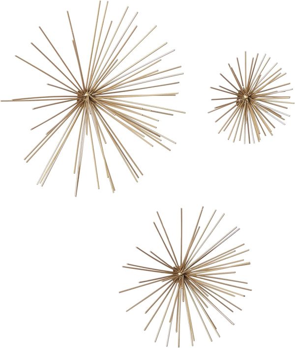 factory direct deco 79 metal starburst home wall decor 3d long spike wall sculpture, set of 3 wall art 6", 9", 12"w, gold volume discount