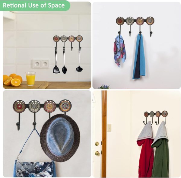 competitive pricing coat rack wall mounted with 4 hooks, round brown pattern decorative wall hooks for hanging hat, key, towel, purse, bag and robe, for entryway bathroom organizer hanger one-stop wholesale