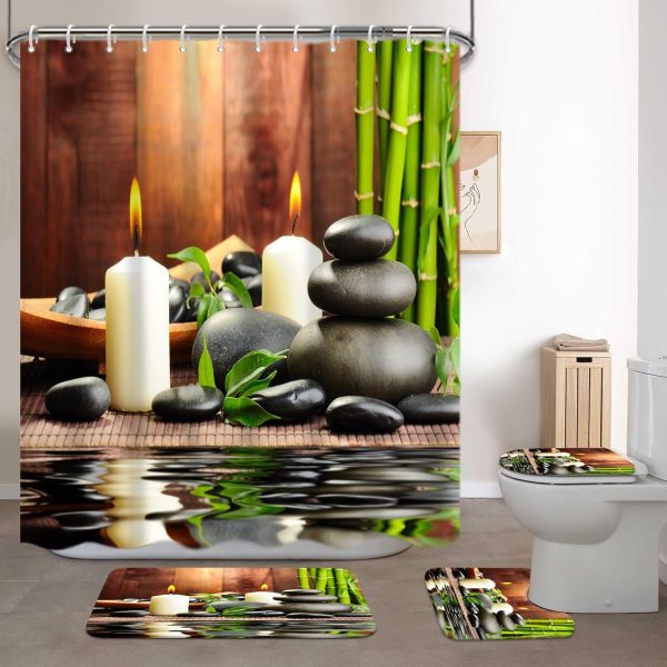 manufacturer direct lnond 4pcs spa bathroom shower curtain sets with rugs, stone bamboo bathroom sets with shower curtain and rugs and accessories trade price