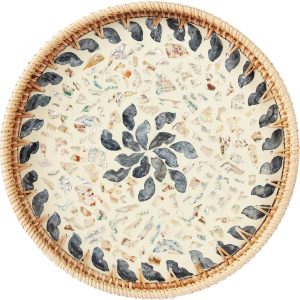 wholesale direct rattan serving tray with mother of pearl, round coffee table tray decor, round wicker tray, boho decorative tray, woven tray (lucky flower, 12 inch) bulk purchase at factory prices
