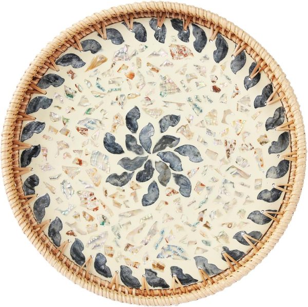 wholesale direct rattan serving tray with mother of pearl, round coffee table tray decor, round wicker tray, boho decorative tray, woven tray (lucky flower, 12 inch) bulk purchase at factory prices