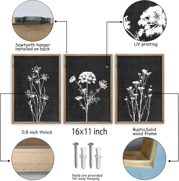 bulk purchase flower plant wall art decor 16"x11" set of 3 black and white botanical painting wood framed for minimalist bedroom office rustic living room abstract wildflower sign hanging (wood black) trade price