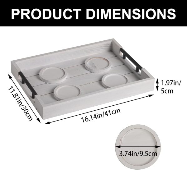 wholesale direct white wood serving tray farmhouse decorative ottoman trays with 4 round coasters coffee table tray living room tray with handles for eating breakfast in bed white bulk purchase at factory prices