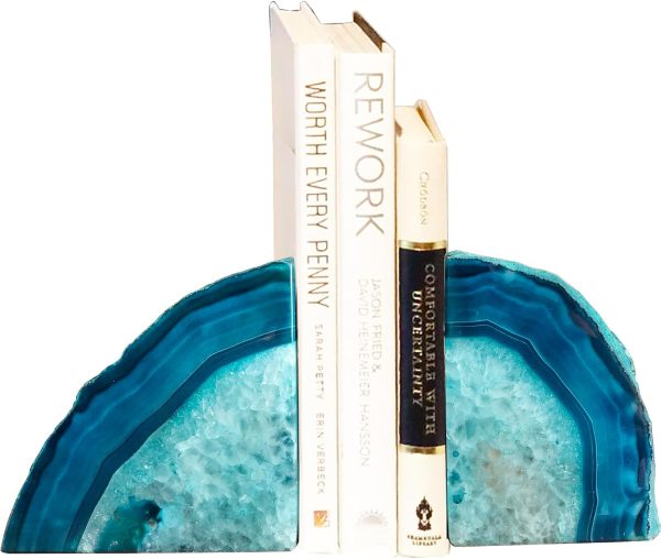 supplier direct amoystone agate geode bookends heavy duty stone book ends decorative bookend holder home office decor with rubber bumpers teal 1 pair, 2-3 lbs wholesale prices