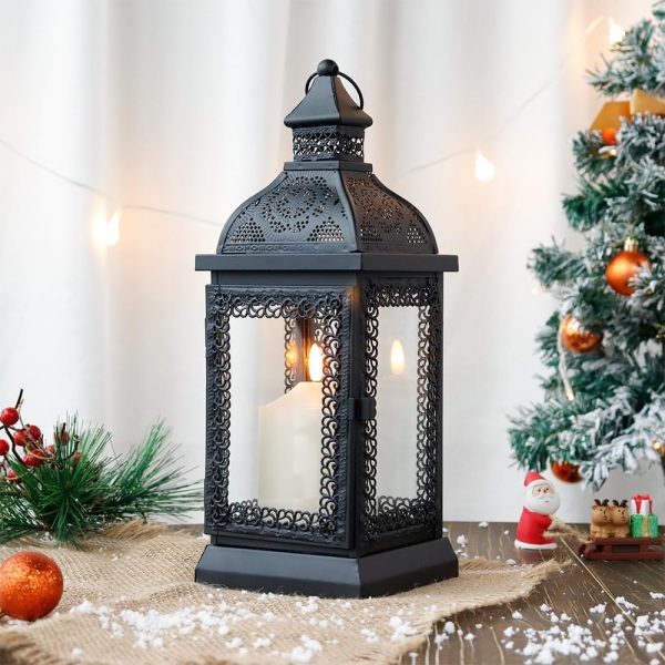 custom wholesale trirocks rustic style metal candle lantern 13'' high decorative outdoor lantern candle holder with tempered glass for christmas living room garden patio parties indoors outdoors (black) oem/odm services