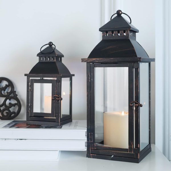 custom wholesale needomo lanterns decorative outdoor&indoor, set of 2 large bronze metal lantern decor with glass, candle holder for porch, patio, garden, balcony, wedding, table centerpiece decorations oem/odm services