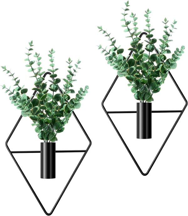 factory direct jexine 2 pcs hanging planters with artificial plants metal hanging vase indoor plants holder modern geometric boho wall decor for living room home office(black, eucalyptus) volume discount